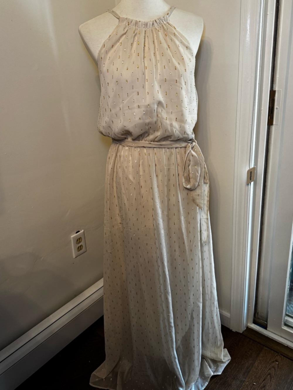 ModCloth Sleeveless Maxi Dress in Champagne with Metallic Detail